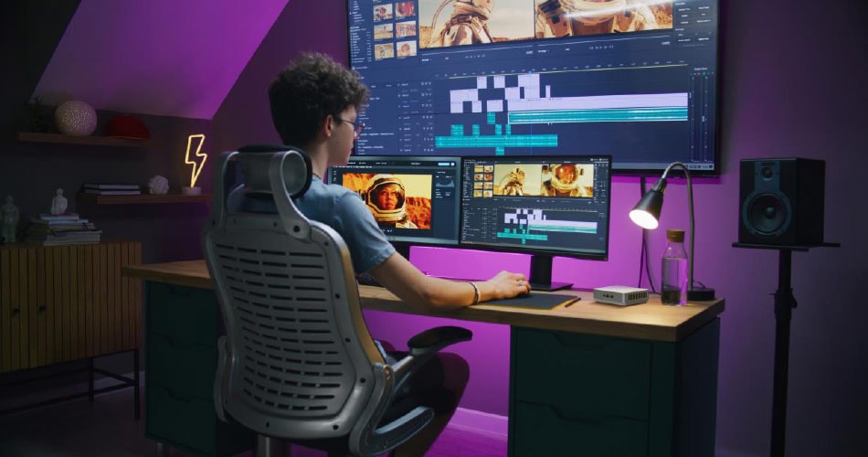 Yüksek performanslı dizüstü bilgisayar kullanırken içerik düzenleme ve video prodüksiyonlarına uygun, profesyonel çalışma alanı.