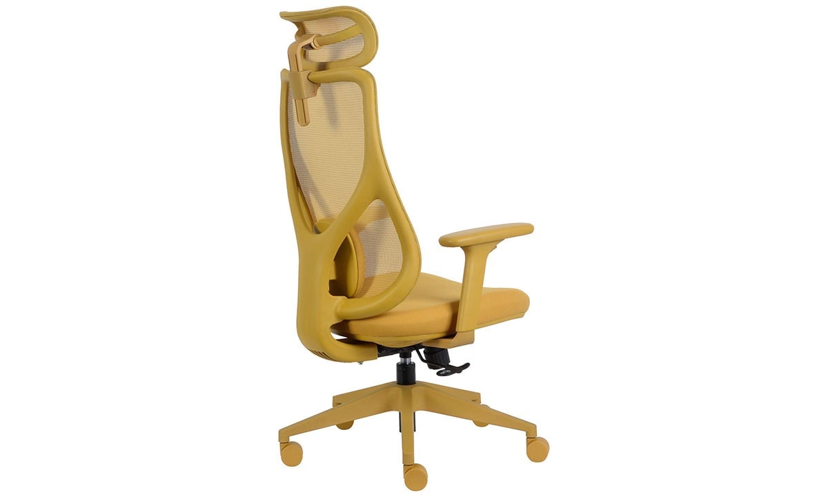 Yüksek konforlu sarı ofis ofis sandalyesi, ergonomik çalışma koltuğu, ayarlanabilir sırt ve kol dayama özellikleri ile modern ofis mobilyası.