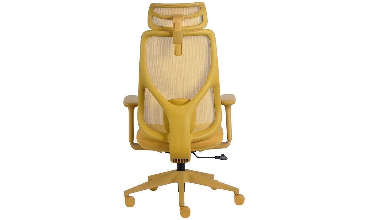 Sarı ergonomik ofis sandalyesi arka görünüm.