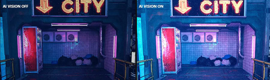 Dereceli neon ışıklı şehir giriş kapısı, gece atmosferinde modern ve renkli görüntü.