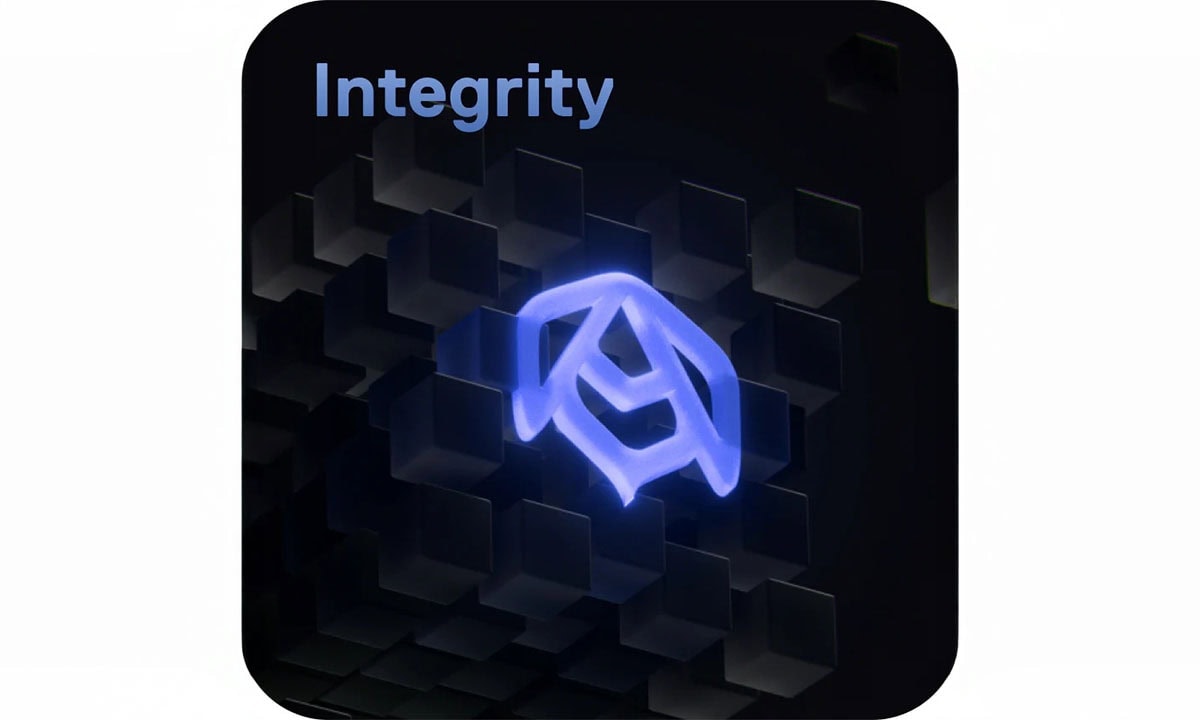 Yapay zeka ve teknoloji temalı, mavi ışıklı yapay zeka simgesi ve siyah kare bloklar ile çevrelenmiş, güven ve bütünlük vurgusu yapan modern görsel.