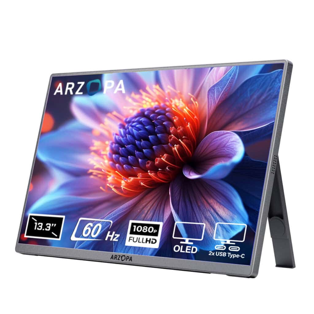 Yüksek çözünürlüklü 13.3 inç OLED ekranlı taşınabilir monitör, 60 Hz yenileme hızı, Full HD 1080p, USB Type-C bağlantısıyla pratik kullanım ve şık tasarım.