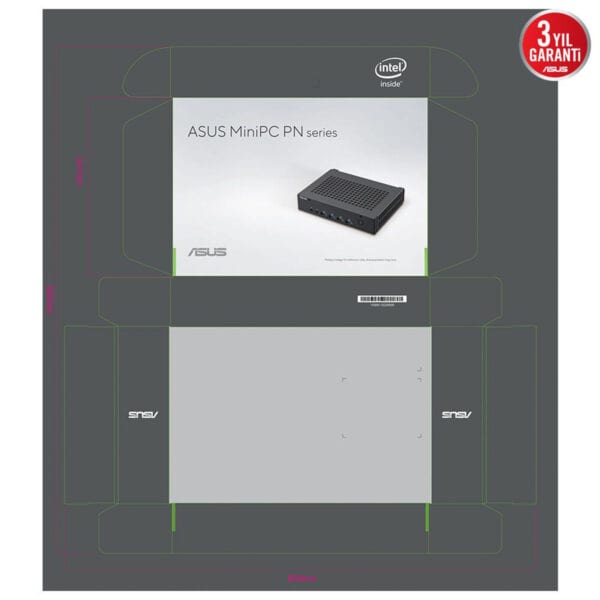 Laptop kutu açılımı, ASUS MiniPC PN serisi, Intel işlemcili mini bilgisayar modelinin kutu içeriği ve tasarımı. Ebatlar ve kutu detaylarını gösteren görsel.