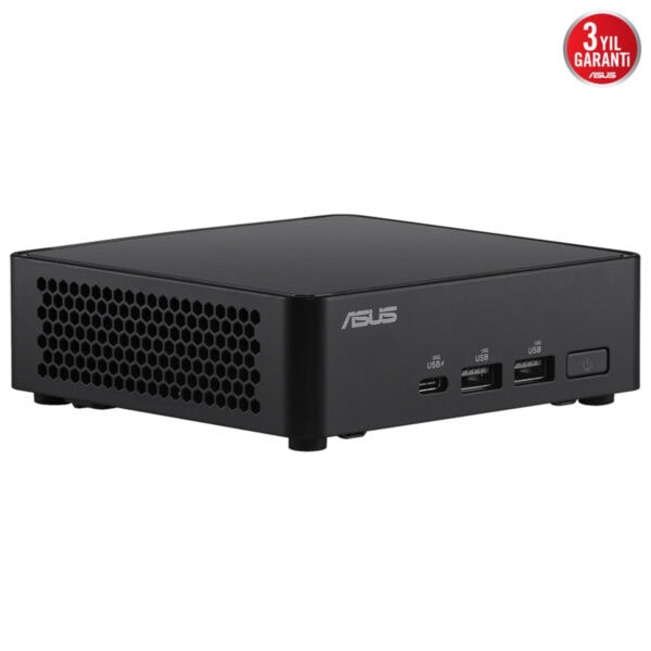 Mini bilgisayar kasası, ASUS marka, küçük boyutlu ve yüksek performanslı bilgisayar bileşenleri için uygun tasarım. USB portları ve güç düğmesi ile donatılmış, şık ve dayanıklı yapı.