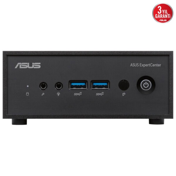 Yüksek çözünürlüklü ASUS ExpertCenter masaüstü bilgisayar ön paneli, USB 3.0 portları ve güç düğmesi ile verimli kullanım sağlar.