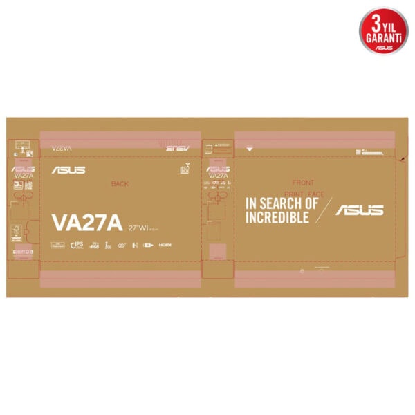 Görüntü karton ambalaj tasarımı, ASUS VA27A 27 inç monitör ürün etiketi ve teknik özellikleri içerir. Ayrıca "In Search of Incredible" sloganı ile ASUS markası vurgulanmıştır. İçeriğinde ekran boyutu, çözünürlük ve bağlantı seçenekleri gibi temel bilgiler bulunur. Bu ambalaj tasarımı, ürün tanıtımı ve satışa hazırlık için kullanılır, teknik detaylar ve marka bilinirliğini artırmayı hedefler.