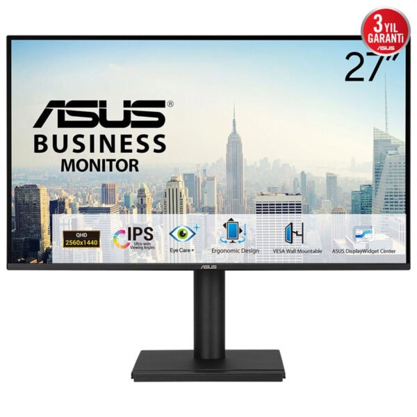 Yüksek çözünürlüklü 27 inç ASUS İş Monitörü, QHD ekran, IPS panel, Ergonomik tasarım ve VESA duvara monte uyumu ile profesyonel çalışma ortamları için ideal.
