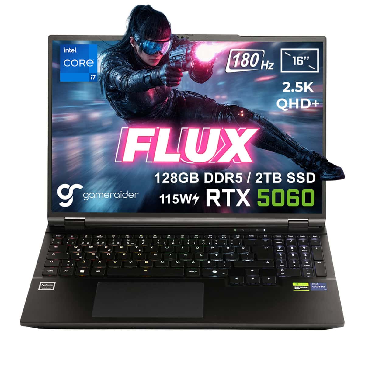 Yüksek performanslı oyun ve grafik dizüstü bilgisayarı, 16 inç 2.5K QHD+ ekran, Intel Core i7 işlemci, RTX 5060 grafik kartı, 128GB DDR5 RAM, 2TB SSD ve 180Hz yenileme hızına sahip.