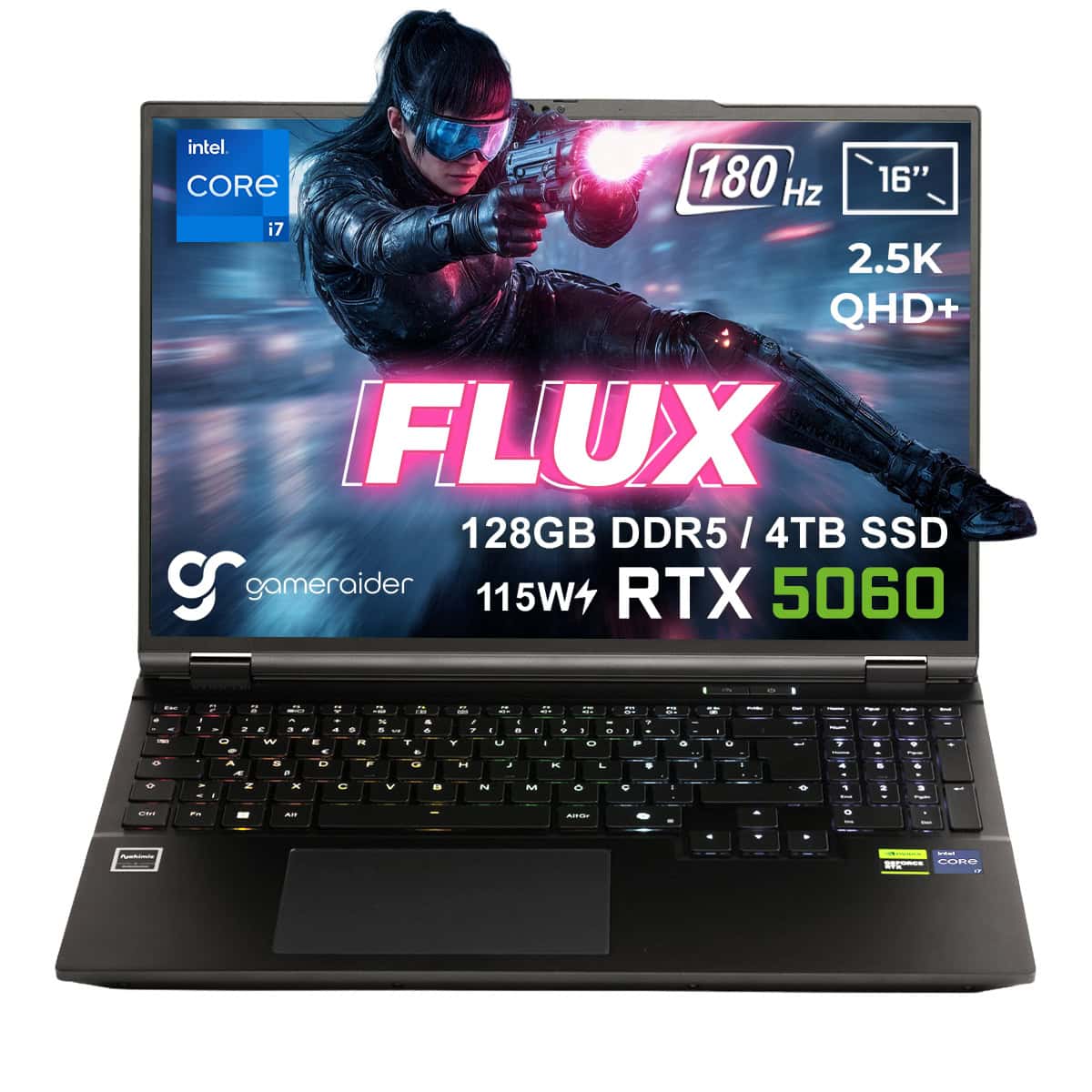 Yüksek performanslı gaming dizüstü bilgisayar, RTX 5060 ekran kartı, 16 inç 2.5K QHD+ ekran, 128GB DDR5 RAM, 4TB SSD, 180Hz yenileme hızı, Intel Core i7 işlemci, 115W güç, renkli arka aydınlatmalı klavye, gamer laptop.