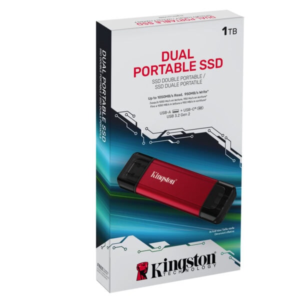 Yüksek hız USB 3.2 Gen 2 çift portlu Kingston DDRD dual portabel SSD, 1TB depolama kapasitesi ve taşınabilir tasarımıyla hızlı veri aktarımı sağlar.