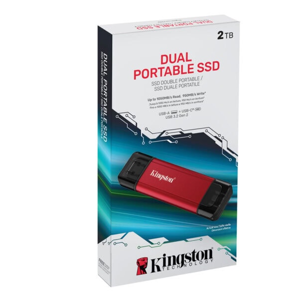 1. Yüksek hızlı Kingston 2TB çift portabl SSD, taşınabilir ve dayanıklı tasarımıyla güvenli veri aktarımı sağlar.