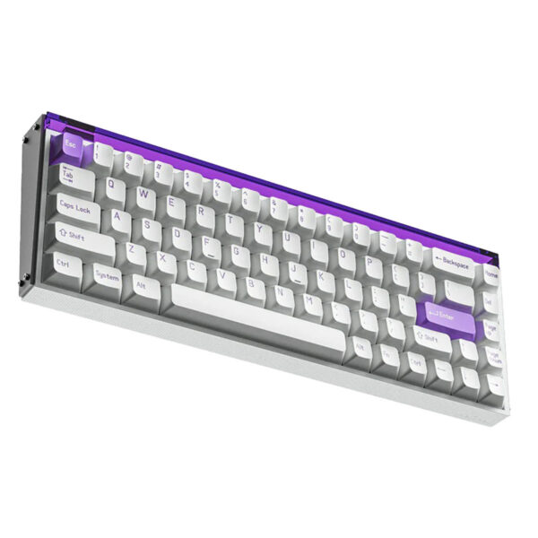 Yüksek kaliteli mekanik klavye, beyaz ve mor aydınlatmalı tuşlar ile şık tasarım, bilgisayar ve oyun kullanımı için ideal, dayanıklı yapı ile uzun ömürlü performans sağlar.