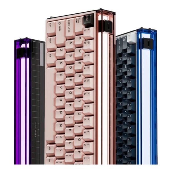 Pembe ve mavi renkli mini şık klavye modelleri, taşınabilir ve ergonomik kompakt tasarım, yüksek performanslı kablosuz teknoloji, estetik ve kullanışlı bilgisayar aksesuarları.