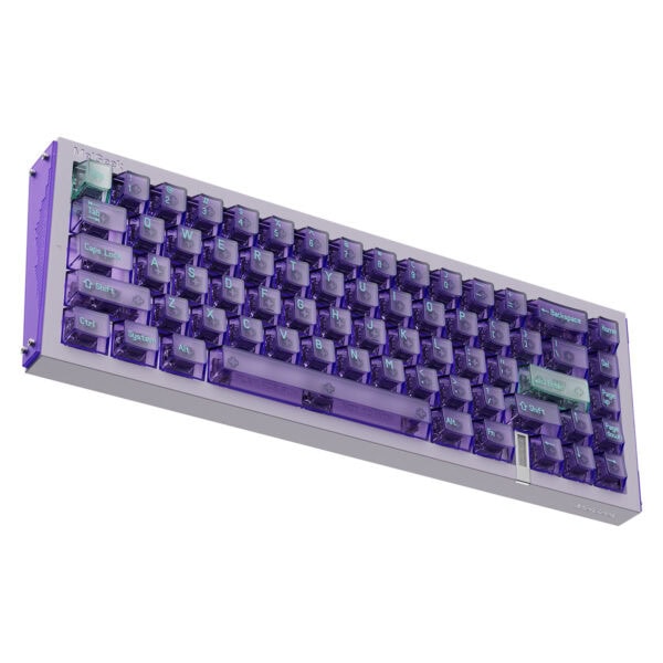 Rengarenk LED aydınlatmalı mekanik oyun klavyesi, mor ve mavi ışıklar, tuş başlıkları ile yüksek performans ve şık tasarım, masaüstü bilgisayar kullanımına uygun.