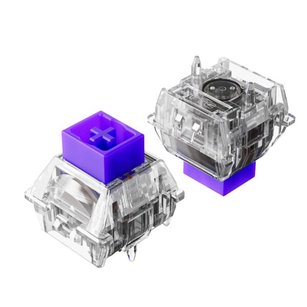 Yarı saydam mekanik bilgisayar klavye anahtarı, mor ve siyah detaylarla gösterilen LED aydınlatmalı yüksek kaliteli switch. Gamers ve profesyonel yazarlar için taşınabilir ve dayanıklı.