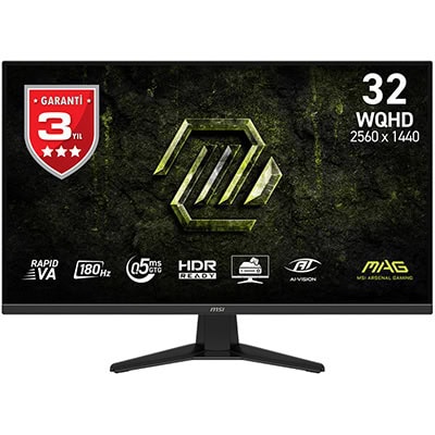 Yüksek çözünürlüklü 32 inç WQHD oyun ve ofis monitörü, hızlı tepki süresi, HDR hazır, 180Hz yenileme hızı, düşük gecikme süresi, MSI MAG serisi, profesyonel ve oyun amaçlı ekran.