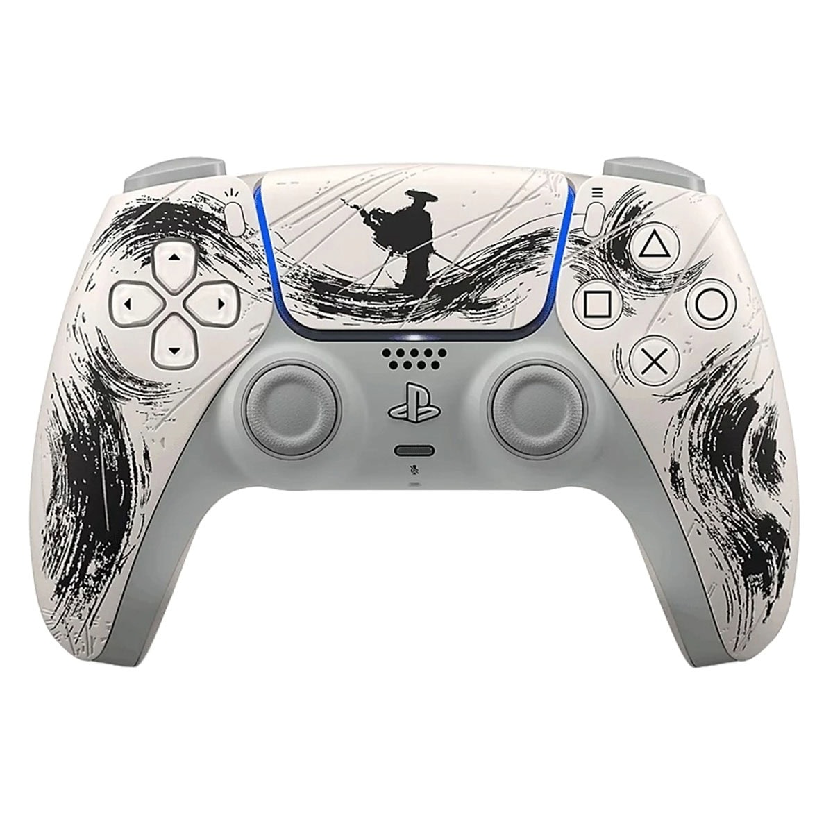 Yapay zeka ve oyun tutkunları için özel tasarım PlayStation kontrolörü, siyah ve beyaz renklerde, modern ve şık desenlerle lazer baskı detaylarıyla dikkat çekici görünüyor.