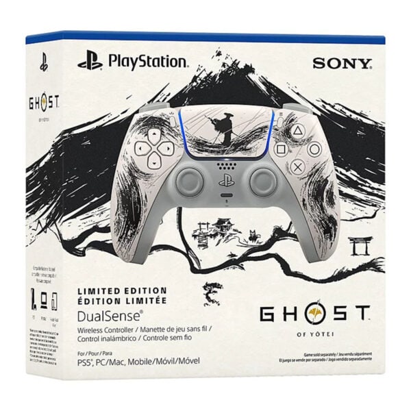 Yüksek çözünürlükte özel tasarımlı PS5 DualSense Wireless Kontrolcü, Ghost of Tsushima temalı, limited edition, PlayStation uyumlu, oyun tutkunlarına yönelik, koleksiyonluk oyun aksesuarı.