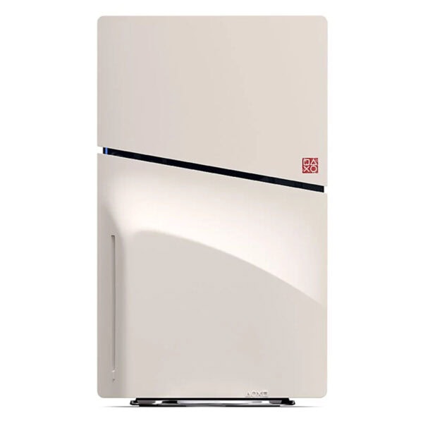 Açık renk modern oyun konsolu veya medya oynatıcı, şık tasarım, minimal görünüm ve yüksek performanslı elektronik cihaz.