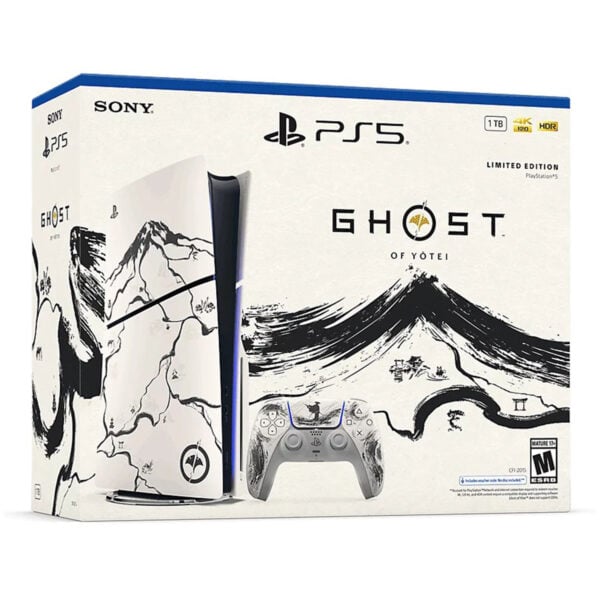 Yüksek çözünürlüklü PlayStation 5 Ghost of Tsushima Limited Edition konsol ve kontrol cihazı paketi, Japon sanatlarından esinlenen tasarımıyla oyun ve teknoloji tutkunları için ideal.