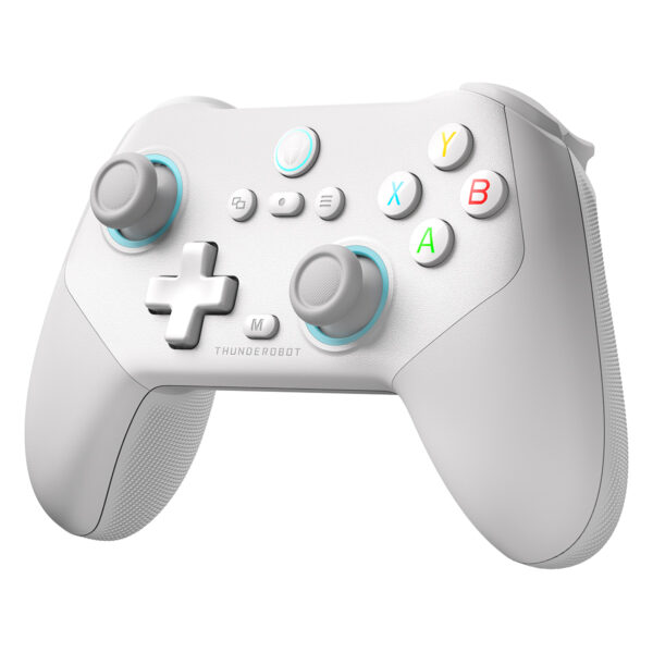 Yenilikçi beyaz oyun denetleyici, ışıklı detaylar ve renkli düğmelerle yüksek performans ve konfor sunuyor.