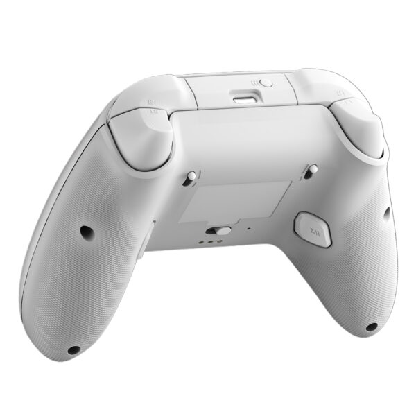 Yüksek kaliteli beyaz oyun kumandası arka görünüm, Ergonomik tasarım ve hassas kontrol için detaylı butonlar ve joysticks, PC ve konsol uyumlu, oyun deneyimini artıran kablosuz gamepad.
