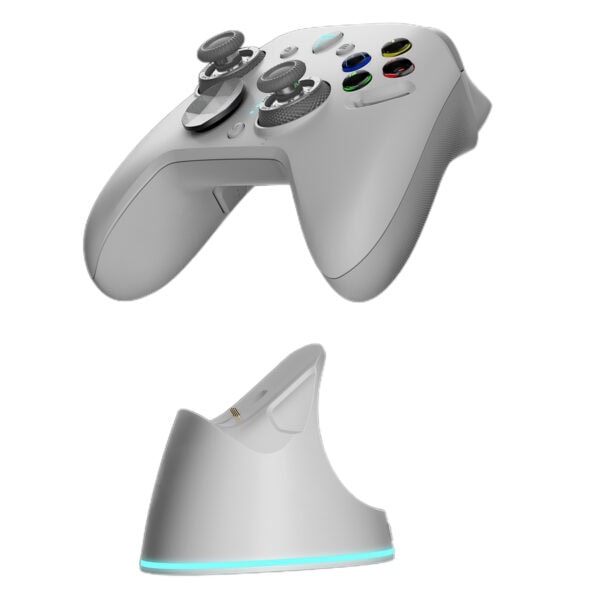 Yüksek performanslı kablosuz oyun kontrol cihazı ve şarj istasyonu, ergonomik tasarım ve RGB aydınlatma özellikleri ile üstün oyun deneyimi sağlar.