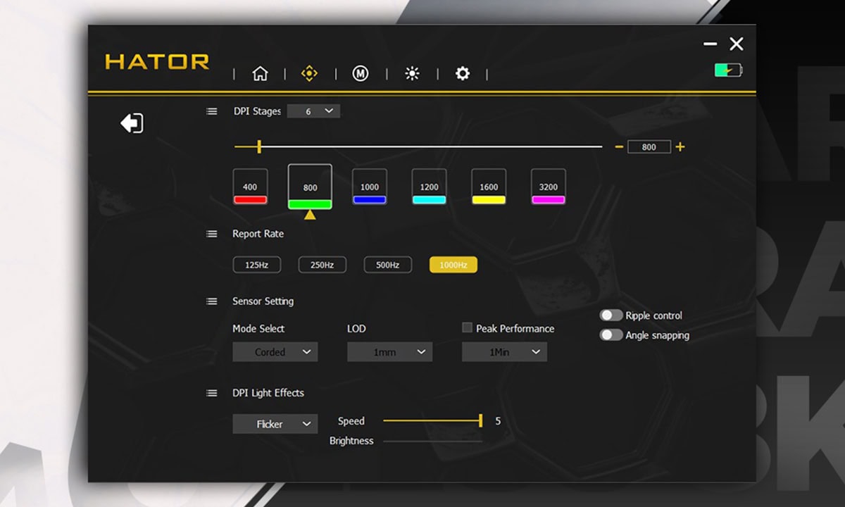 HATOR oyun fare ayarları ve DPI düzenleme ekranı, yüksek performanslı oyuncu ekipmanlarının kontrolü için optimize edilmiş profesyonel yapı.