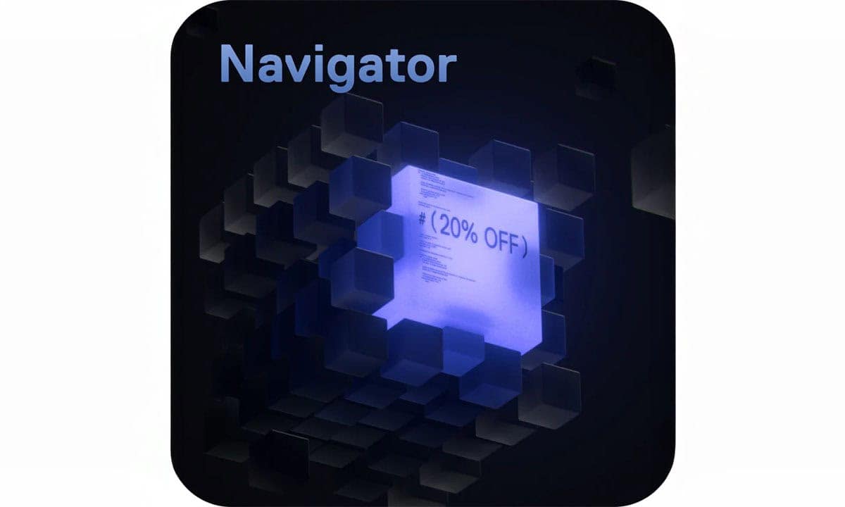 Karanlık arka planda mavi ışıkla vurgulanmış 'Navigator' yazısı ve yüzde 20 indirimli teklif içeren dijital ekran bulunan modern teknoloji simgesi.