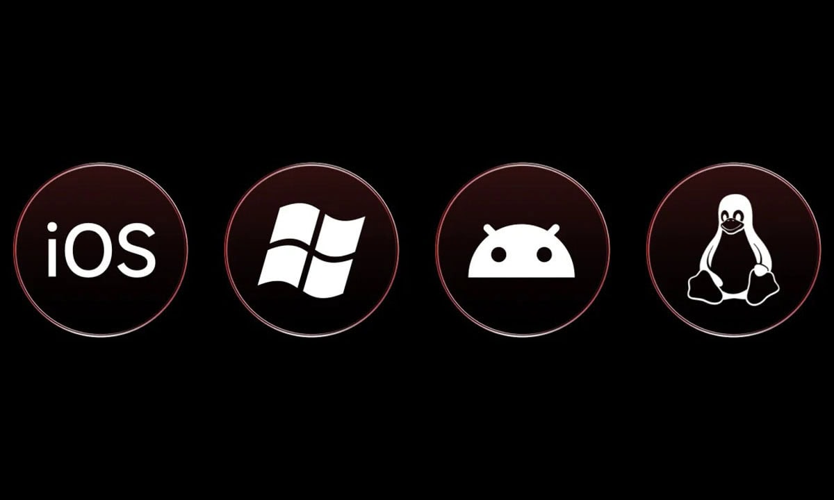 IOS, Windows, Android ve Linux işletim sistemleri ikonları, yüksek çözünürlüklü siyah arka planda.