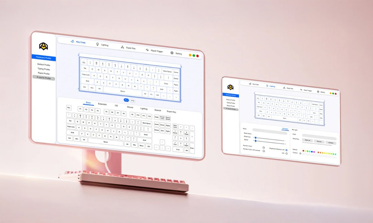 Yazılım tabanlı klavye kişiselleştirme arayüzü açık ve net şekilde gösterilen iki ekran, bilgisayar klavye düzenleri ve renk ayarları ile kullanıcı odaklı tasarım örneği.