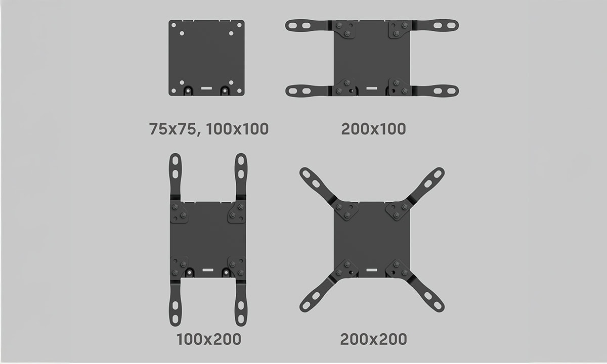 Güçlü ve ayarlanabilir laptop montaj kısımları, farklı boyutlardan 75x75, 100x100, 100x200 ve 200x200 mm uyum sağlar, esnek kurulum ve taşıma kolaylığı sunar, bilgisayar ve ofis donanımlarınız için ideal seçim.