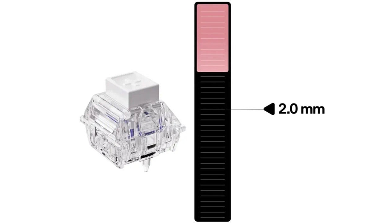 Yazı tipi anahtarlarının yapısal detayları ve 2.0 mm uygunluk ölçüleri gösteren, şeffaf plastik yapıya sahip mekanik anahtar detayları.