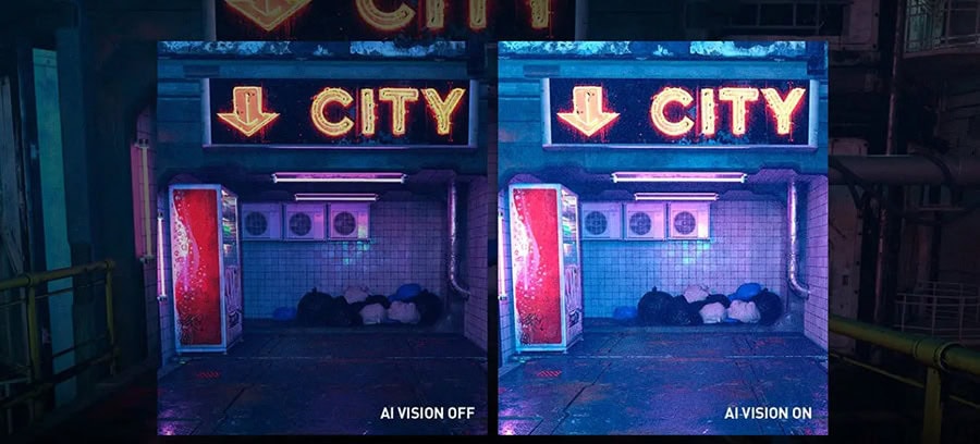 Karanlık şehir alanında neon ışıklarla aydınlatılmış alışveriş alanı, görsel teknolojisi ve LED tabelalar ile dikkat çekiyor.