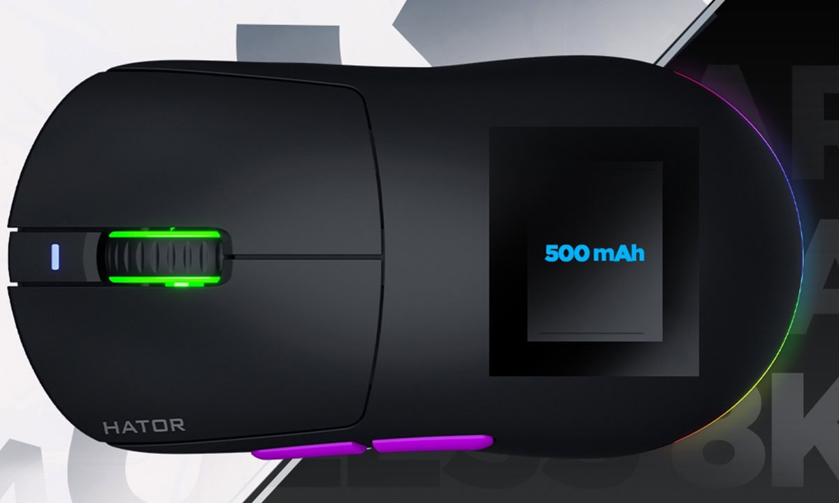 Yüksek kapasiteli 500mAh pil ile ergonomik ve şık oyun faresi, RGB aydınlatmalı detaylar ve hassas tekerlekli kaydırıcı ile oyun ve ofis kullanımı için ideal.