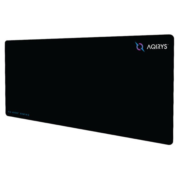 Yüksek performanslı bilgisayar ve oyun ekipmanı taşıyan siyah ve mor renginde bilgisayar mouse pad'i, AQIRYS logosu ile şık ve dayanıklı tasarım.