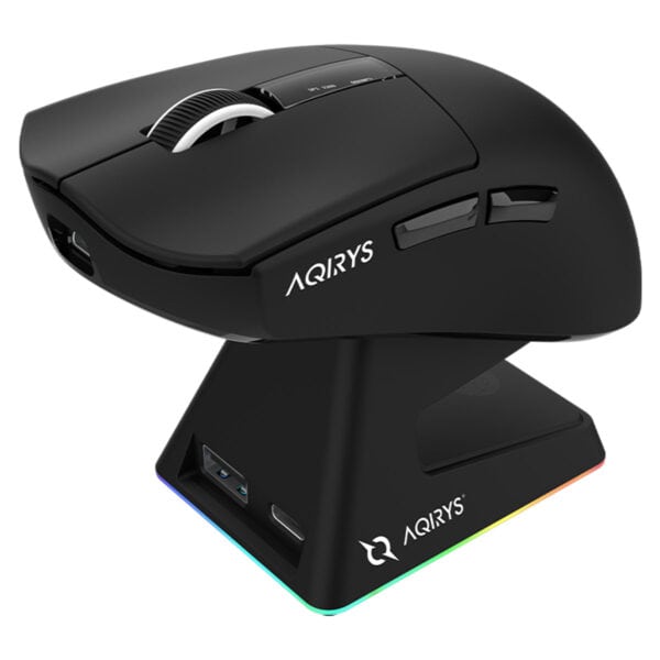 Yüksek hassasiyetli AQRYS kablosuz mouse, ergonomik tasarım ve 6 tuşlu, RGB renkli aydınlatma ile masaüstü kullanımına uygun ergonomik mouse.