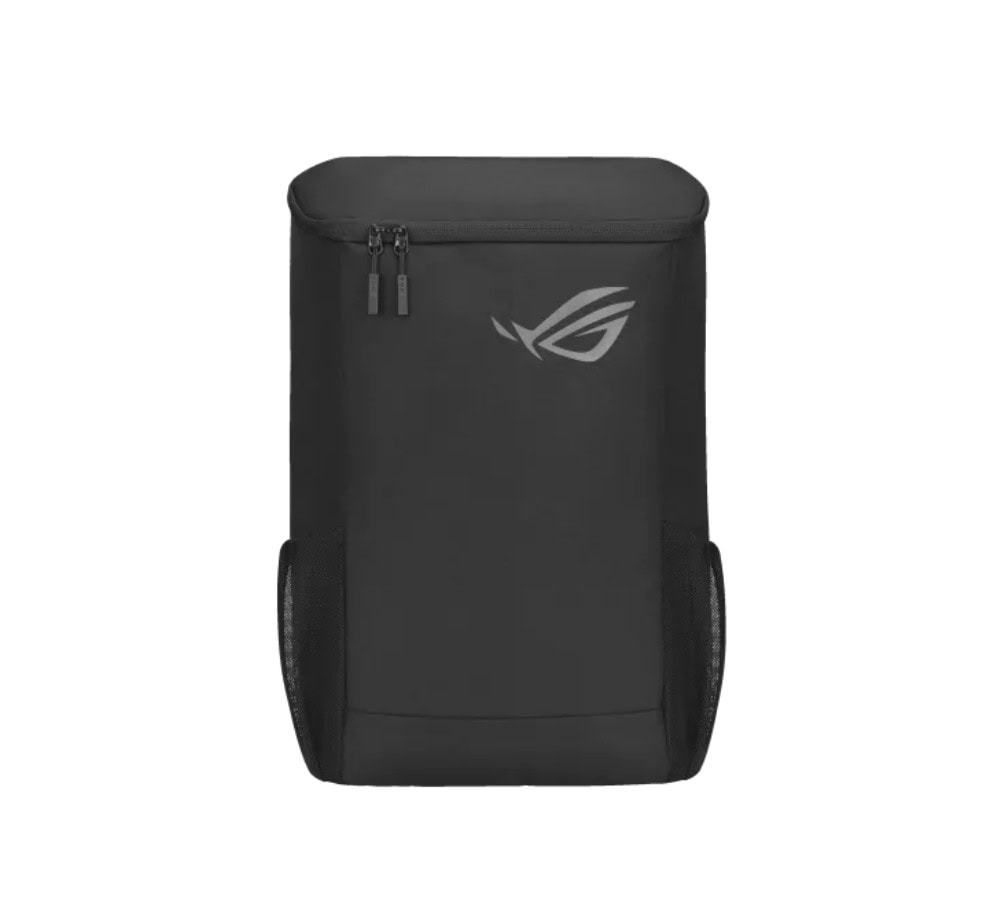 Yüksek kaliteli siyah laptop sırt çantası, ASUS ROG logosu ve dayanıklı malzeme, bilgisayar ve aksesuarlar için geniş depolama alanı ile taşımayı kolaylaştırır.