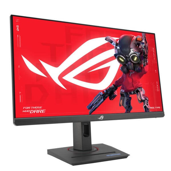 Görselde ASUS ROG gaming monitörü, üçgen ayaklı, ince çerçeveli, yüksek performanslı oyuncu monitörü, kırmızı ve siyah renk tasarımıyla yüksek çözünürlük ve hızlı yenileme hızına sahip.