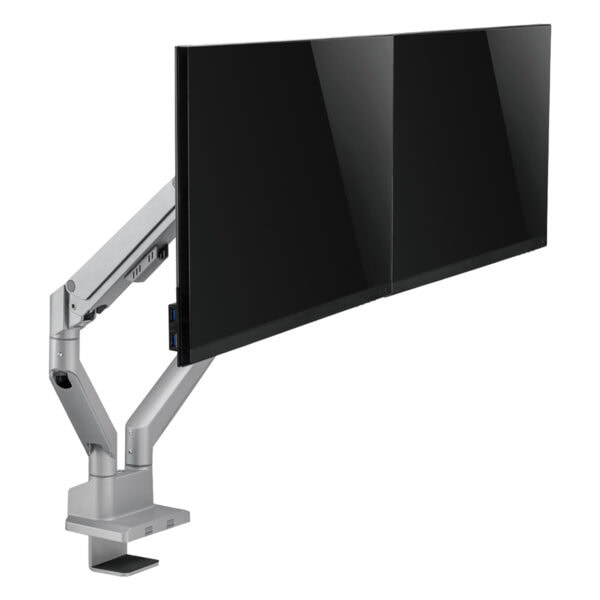 Çift monitörlü çalışma istasyonu, ayarlanabilir kol ve ergonomik tasarım ile ofis ve ev kullanımı için ideal. Yüksek çözünürlüklü ekranlar ve USB portlarıyla verimli çalışma alanı sağlar.