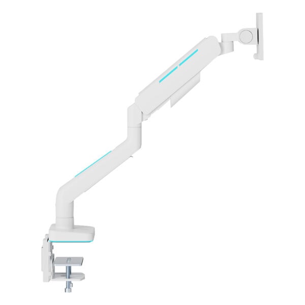 - Beyaz ve modern bilgisayar monitör ayarlama kolu, ergonomik çalışma konforu ve masa düzeni için uygun.