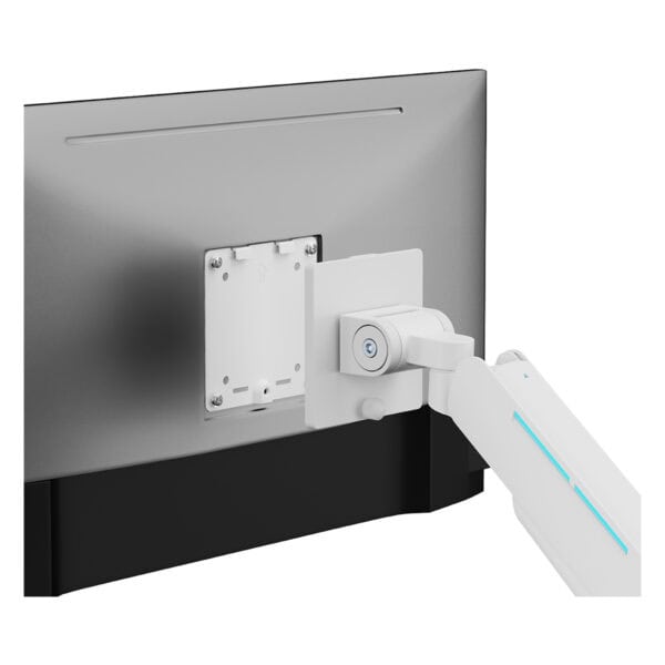 Chargeable battery pack for portable electronic devices, attached to a monitor with a mounting bracket, supports flexible power solutions and enhances device mobility.