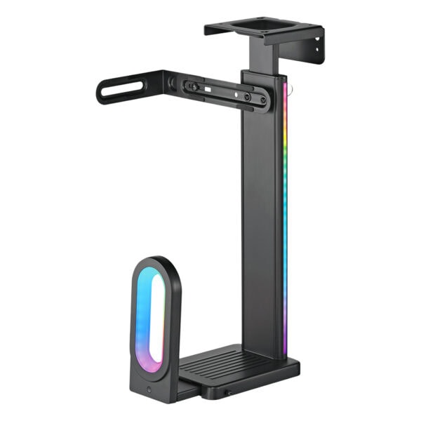RGB LED aydınlatmalı monitör tutucu ve telefon şarj yuvası, ergonomik ve şık tasarım, çok fonksiyonlu bilgisayar aksesuarı, ofis ve ev kullanımı için ideal.