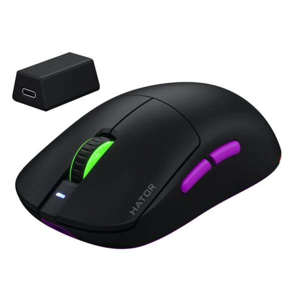 Hatter gaming kablosuz mouse ve şarj standı, RGB aydınlatmalı ergonomik tasarım ve yüksek hassasiyetli sensör ile performans odaklı bilgisayar aksesuarları.