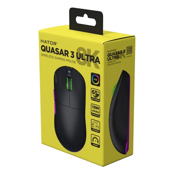 Yüksek performanslı Hator Quasar 3 Ultra Kablosuz Oyun Mouse, RGB aydınlatmalı, hafif tasarım ve 100M tıklama dayanıklılığıyla oyun deneyiminizi artırır.