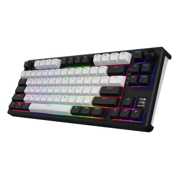 Renkli RGB aydınlatmalı mekanik oyun klavyesi, beyaz ve siyah tuşlar, multimedia kontrol düğmeleri, OLED ekran ve RGB arka aydınlatma özellikleriyle yüksek performanslı gaming klavye.