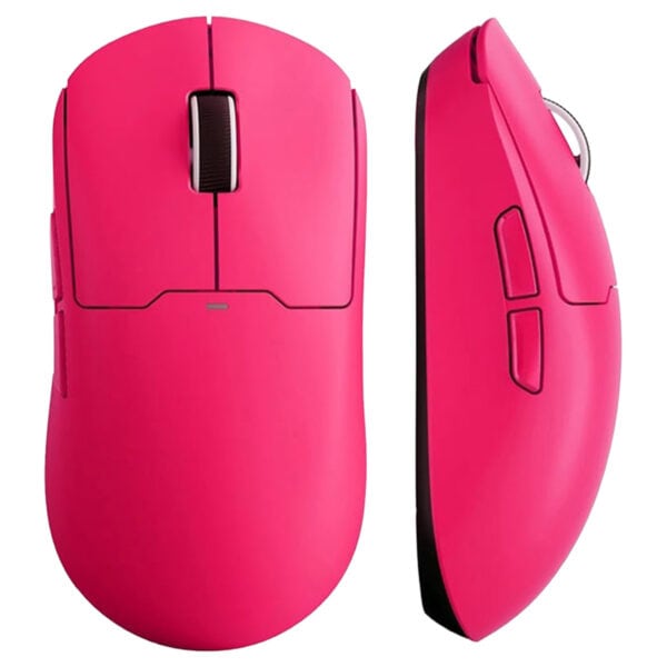 Koyu pembe renkli, ergonomik tasarıma sahip kablosuz bilgisayar mouse, hassasiyet ve konfor sağlar, ofis ve oyun kullanımı için ideal.