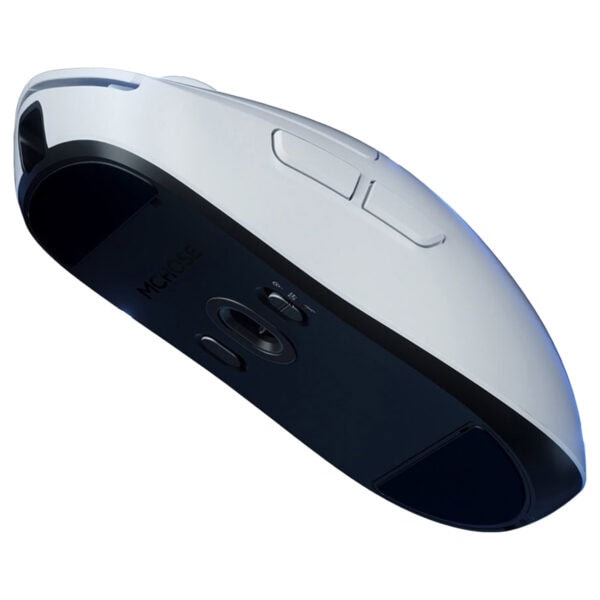 Alt: Siyah ve beyaz renkli kablosuz lazer mouse, ergonomik tasarım ve programlanabilir düğmeleriyle bilgisayar kullanımı için ideal.