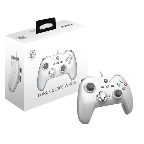 Yapay zeka destekli beyaz oyun joystick kontrolörü ve kutusu, FORCE GC200 WHITE model, yüksek performanslı kablosuz oyun deneyimi için tasarlanmış.
