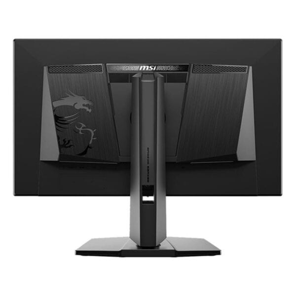 Görüntü, MSI markasıyla tasarlanmış oyuncu ve yüksek performans bilgisayar monitörü arka görünümünde, şık ve modern tasarımıyla profesyonel ve oyun odaklı kullanıma uygun.